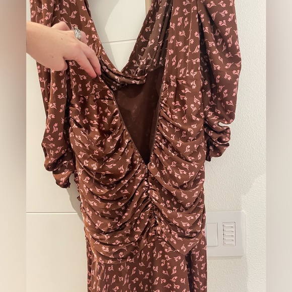 LUSH satin floral ruched Dress Womens Small Midi Asymmetrical Cut Out Back Brown - Picture 9 of 13